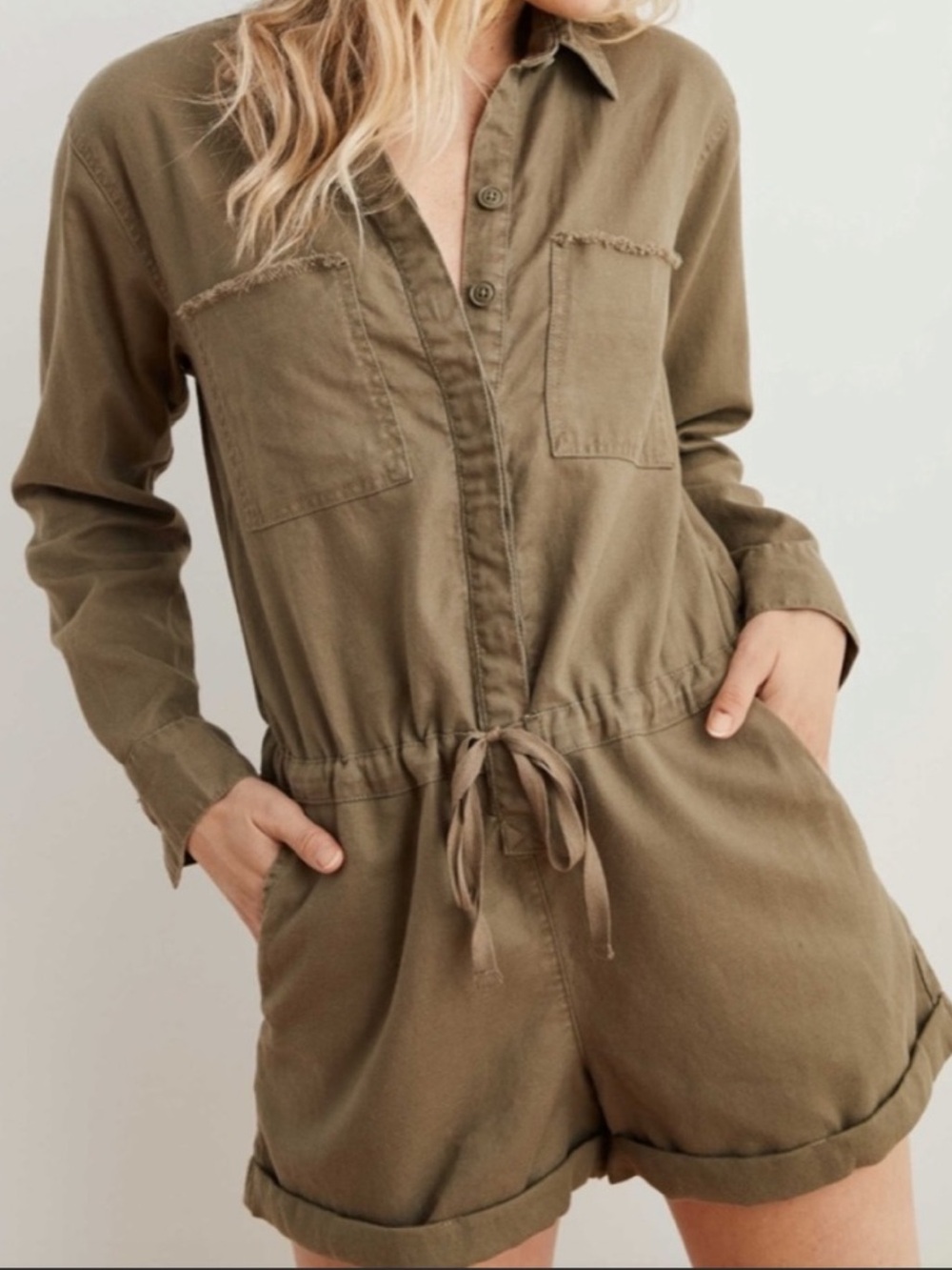 Aerie Softest Utility Twill Romper Long Sleeve Olive Army Green Size S